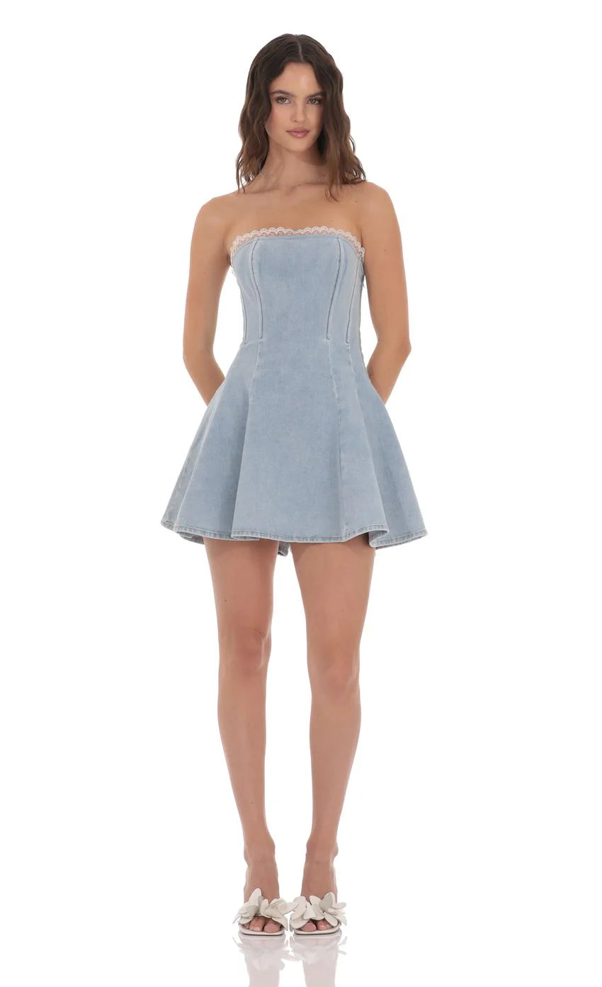 Lace Trim Corset Denim Dress in Light Blue