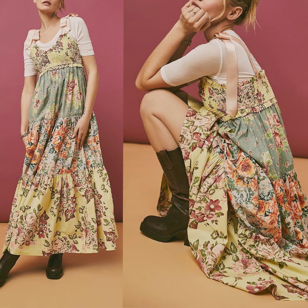 Women Floral Maxi Dress Tie Shoulder Patchwork Smocked Flowy Boho Dress with Pockets Summer Vacation Sundress