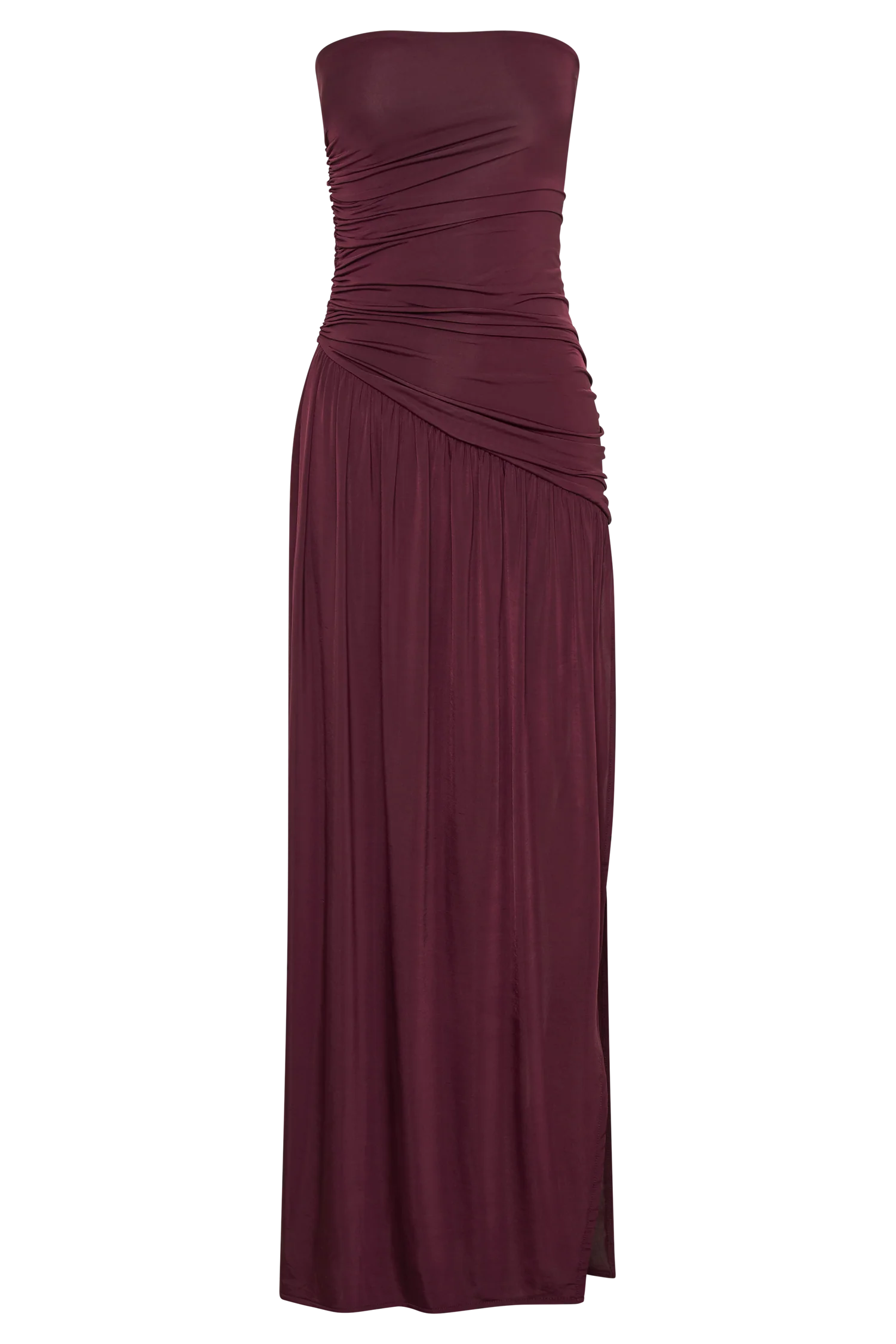 Bex Strapless Slinky Maxi Dress With Split Burgundy