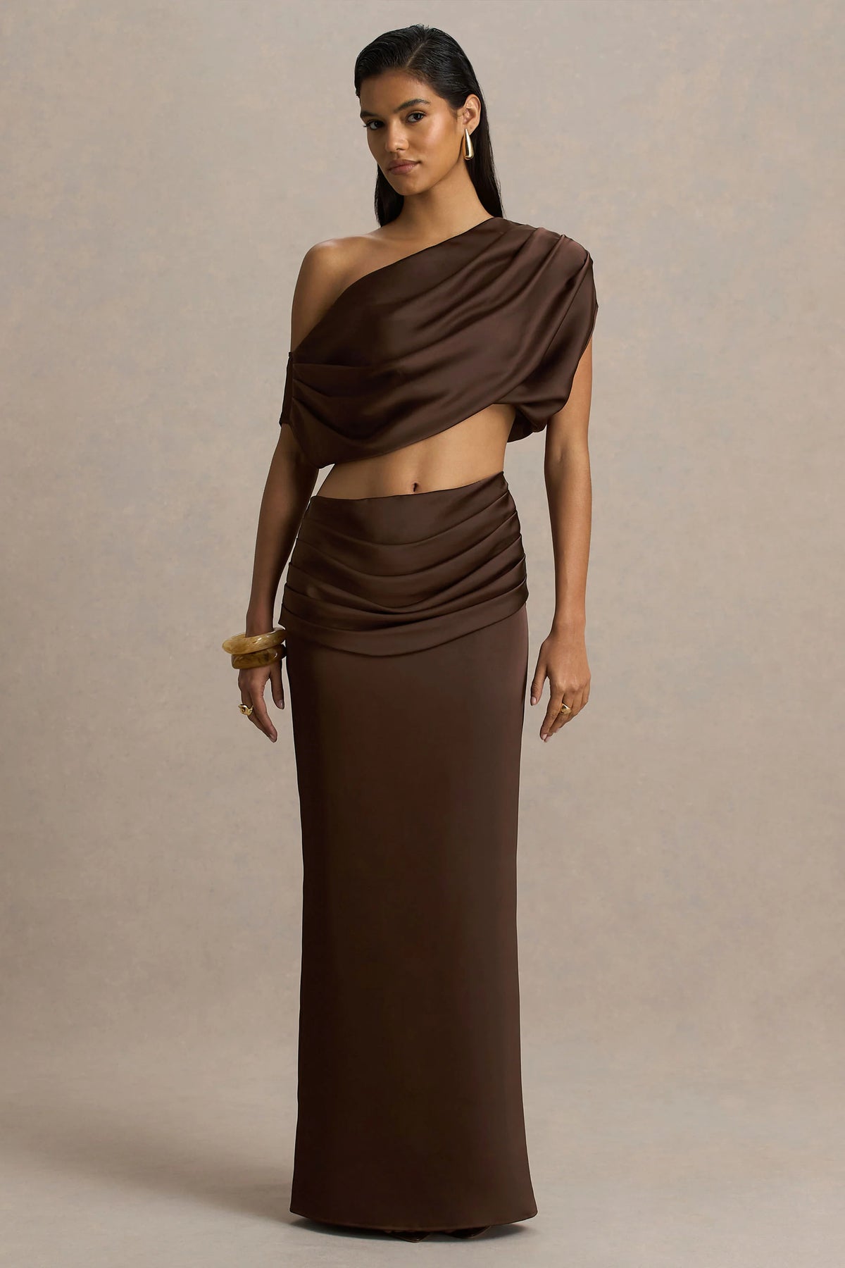 Megan Brown Satin Wrap Maxi Skirt With Gathered Detailing