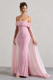 Avant Garde Blush Pink Floral Bardot Fishtail Maxi Dress With Mesh Cape