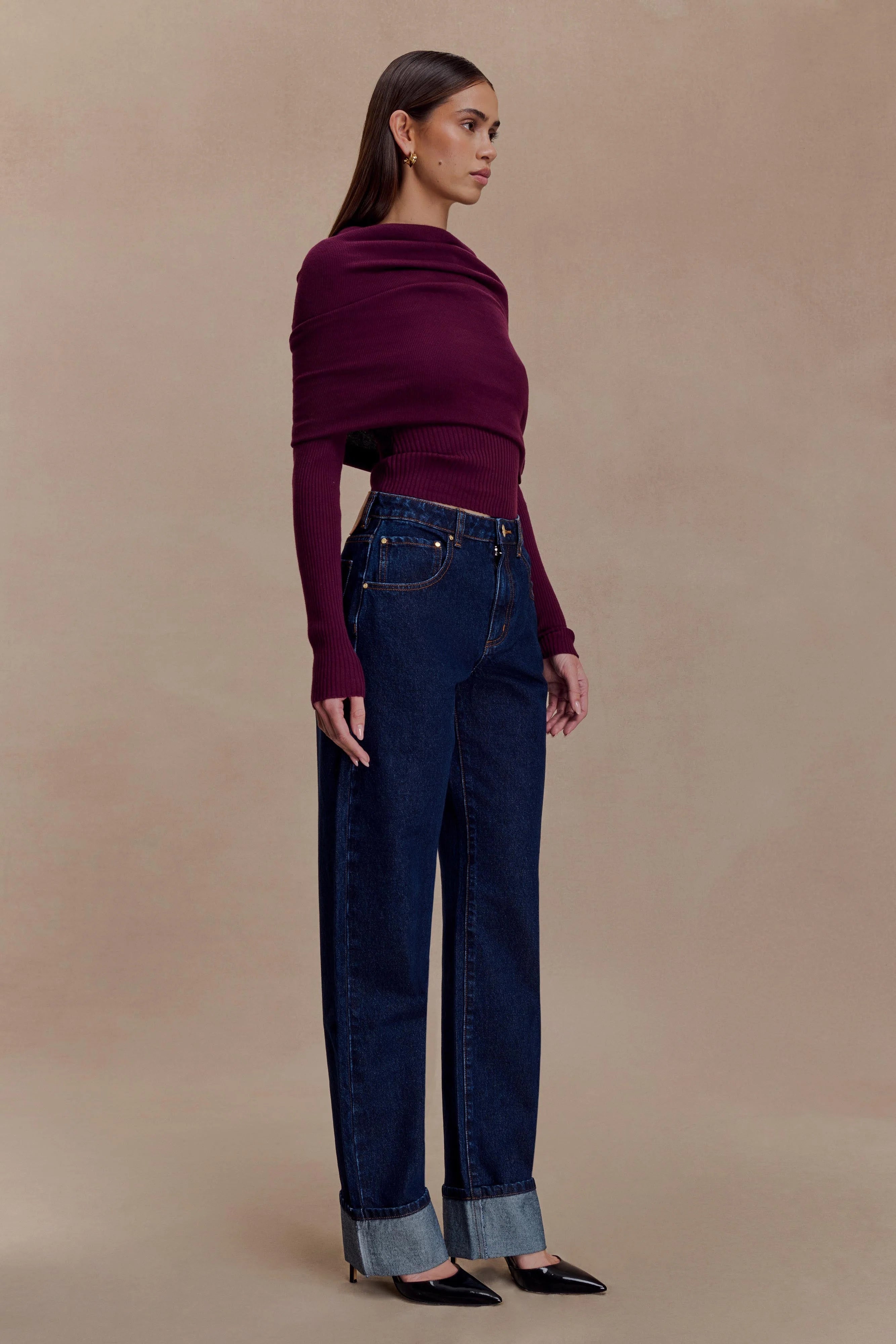 Mazie Asymetrical Cashmere Blend Long Sleeve Knit Top Plum