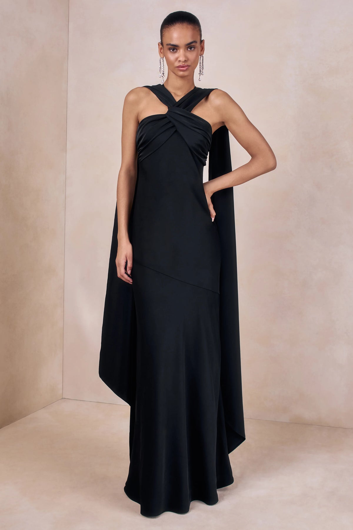 Sloane Black Matte Satin Halter Neck Maxi Dress With Cape