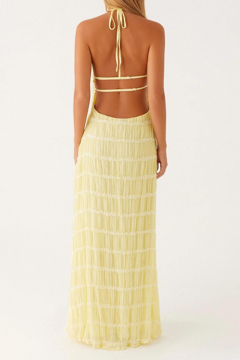 Women Backless Dress Sleeveless Textured Halter Open Back Maxi Dresses Vacation Wedding Guest