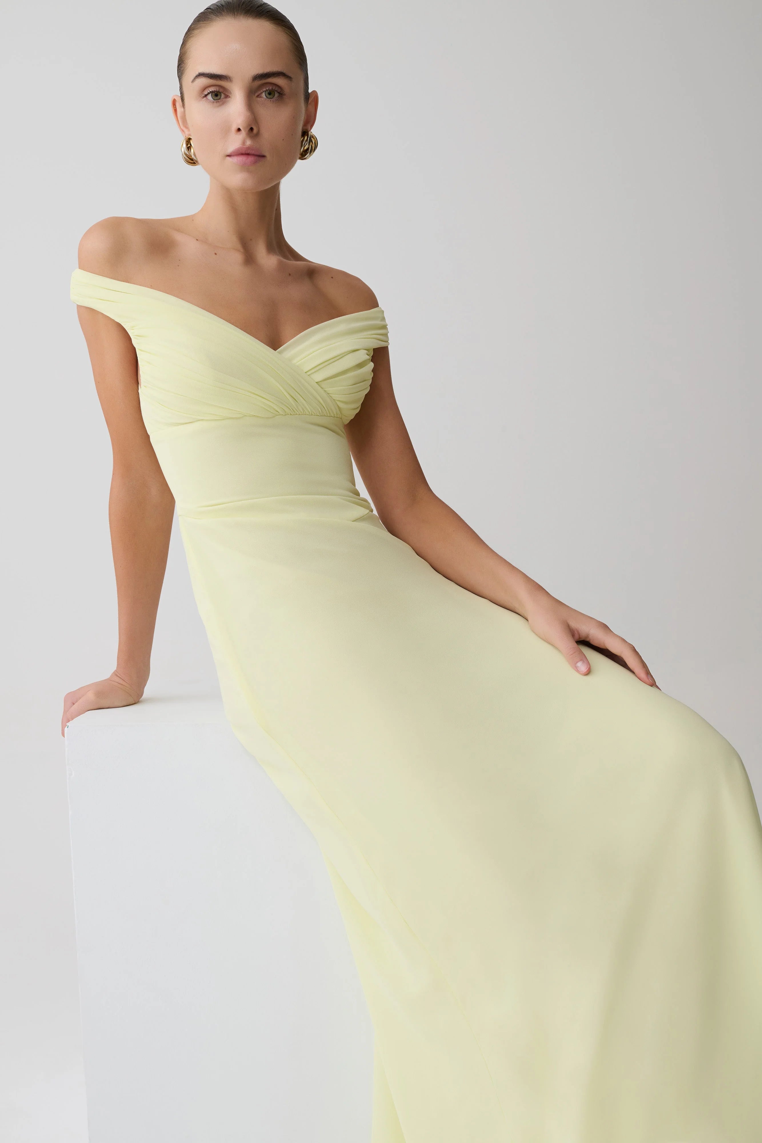 Mabel Off Shoulder Chiffon Maxi Dress Lemon