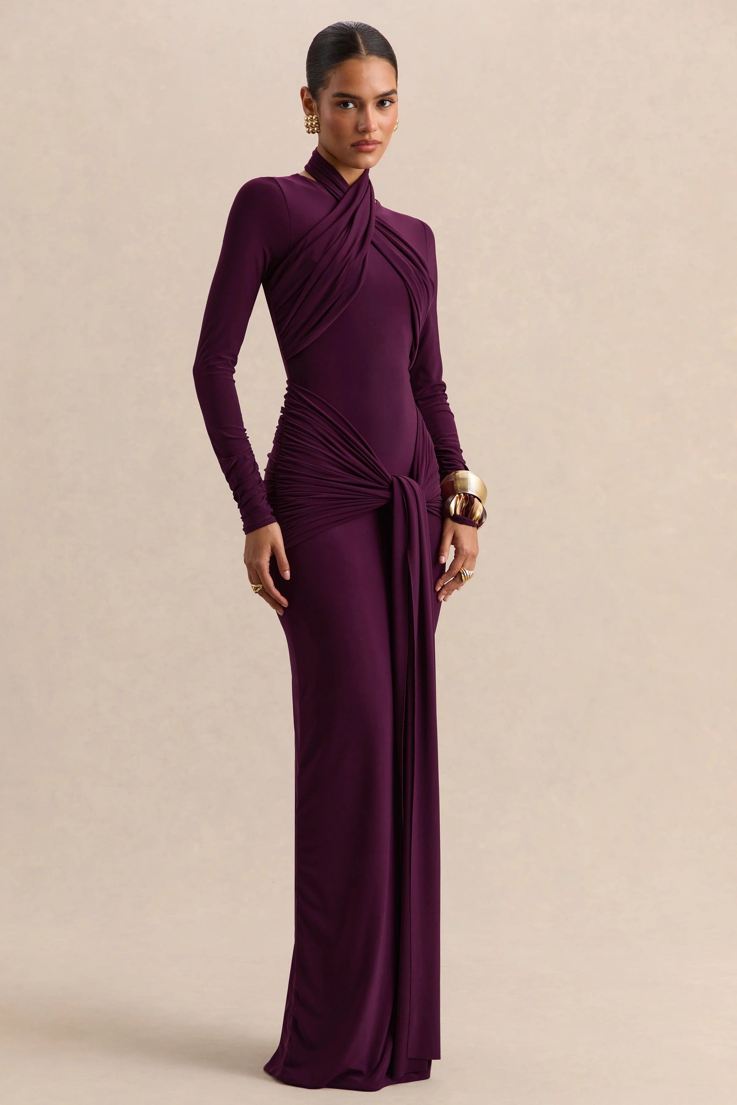 Linessa Dark Plum High Neck Maxi Dress With Sash And Gathered Detailing
