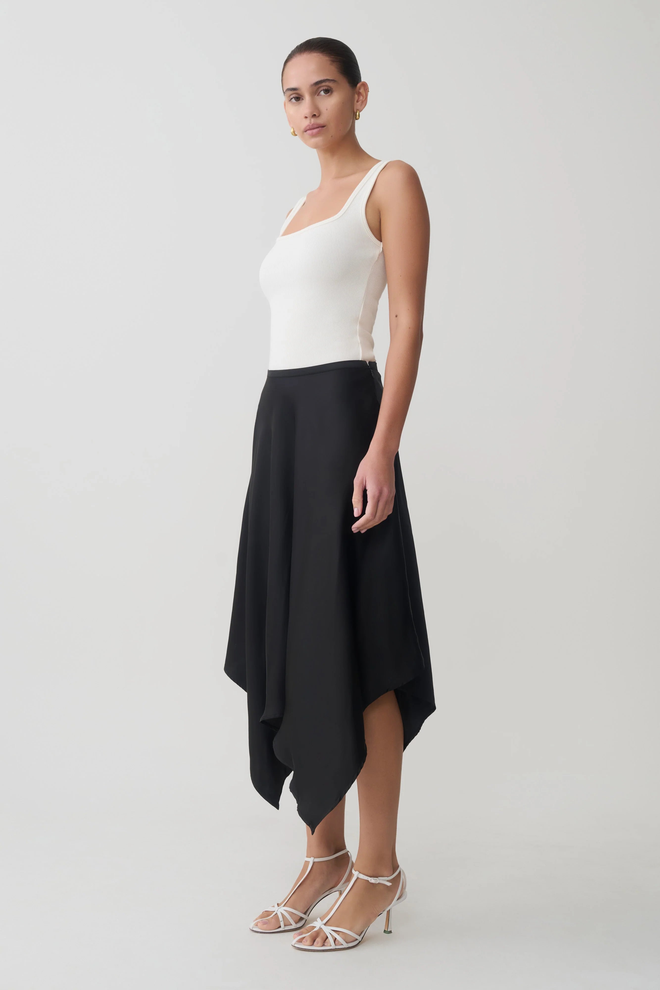 Coralie Asymmetric Satin Midi Skirt Black