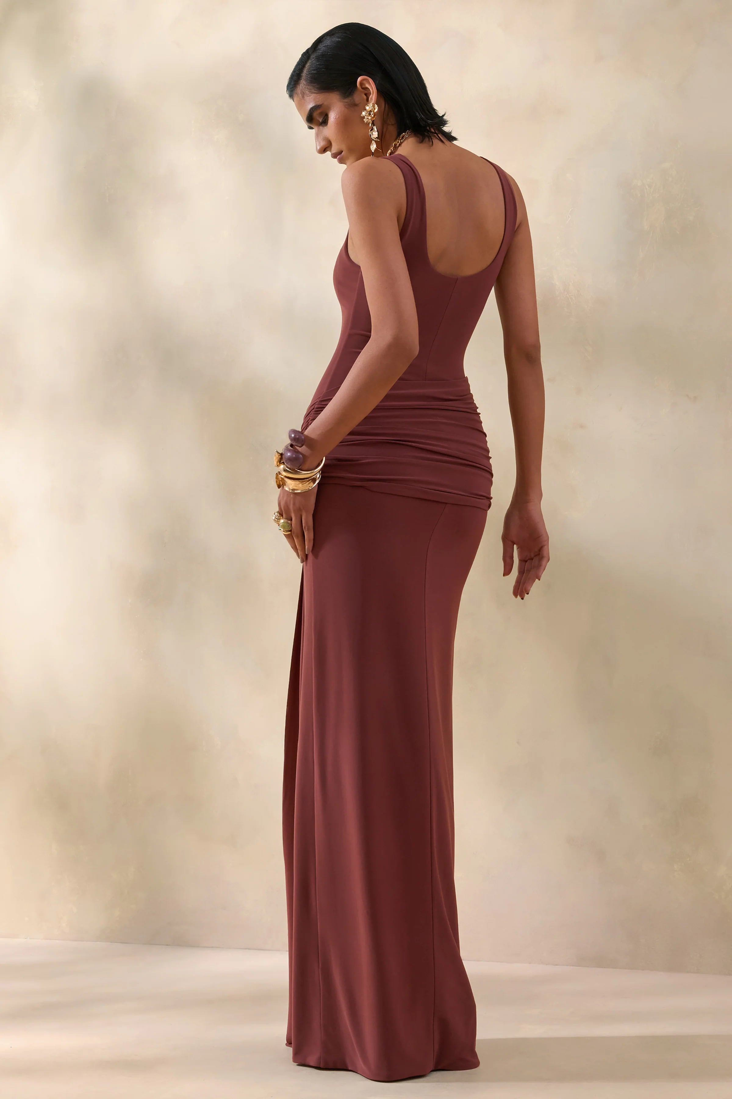 Lienna Brown Scoop Neck Maxi Dress With Gathered Detail And Sash