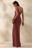 Lienna Brown Scoop Neck Maxi Dress With Gathered Detail And Sash