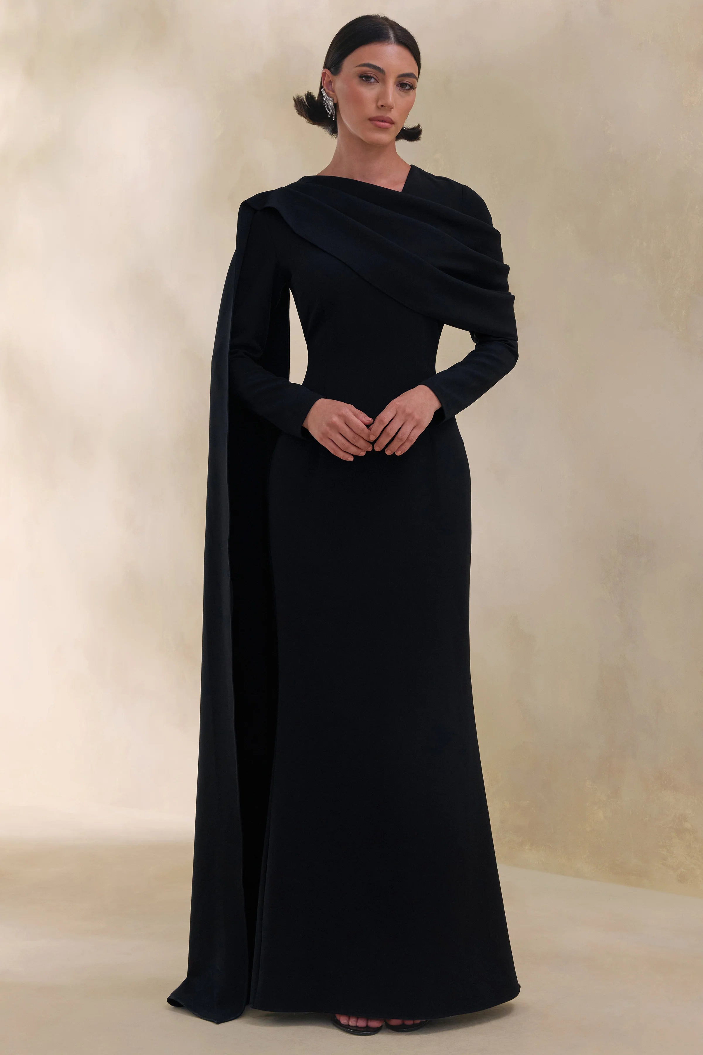 Heliora Black V Neck Maxi Dress With Sash And Draped Detail