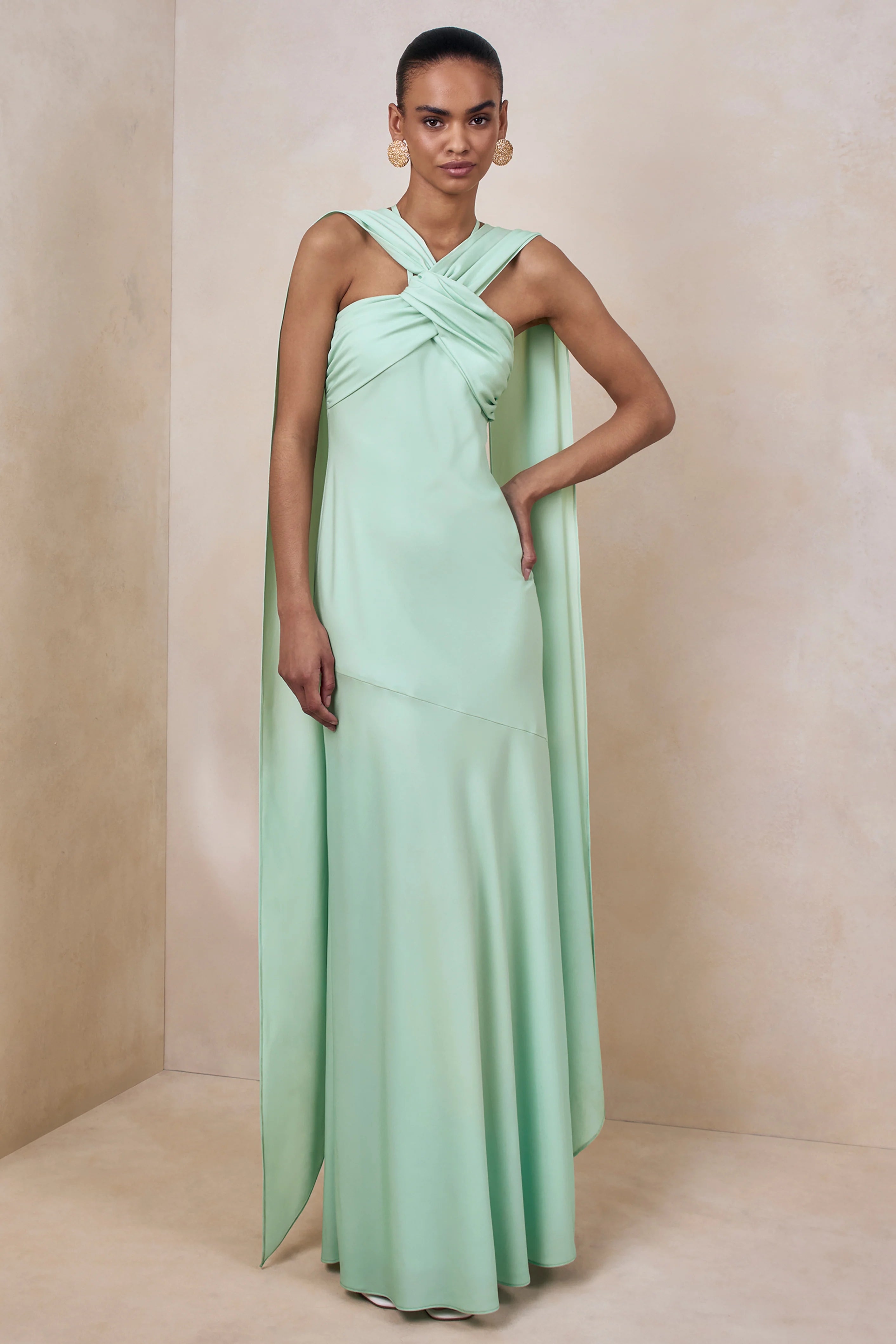 Sloane Mint Matte Satin Halter Neck Maxi Dress With Cape