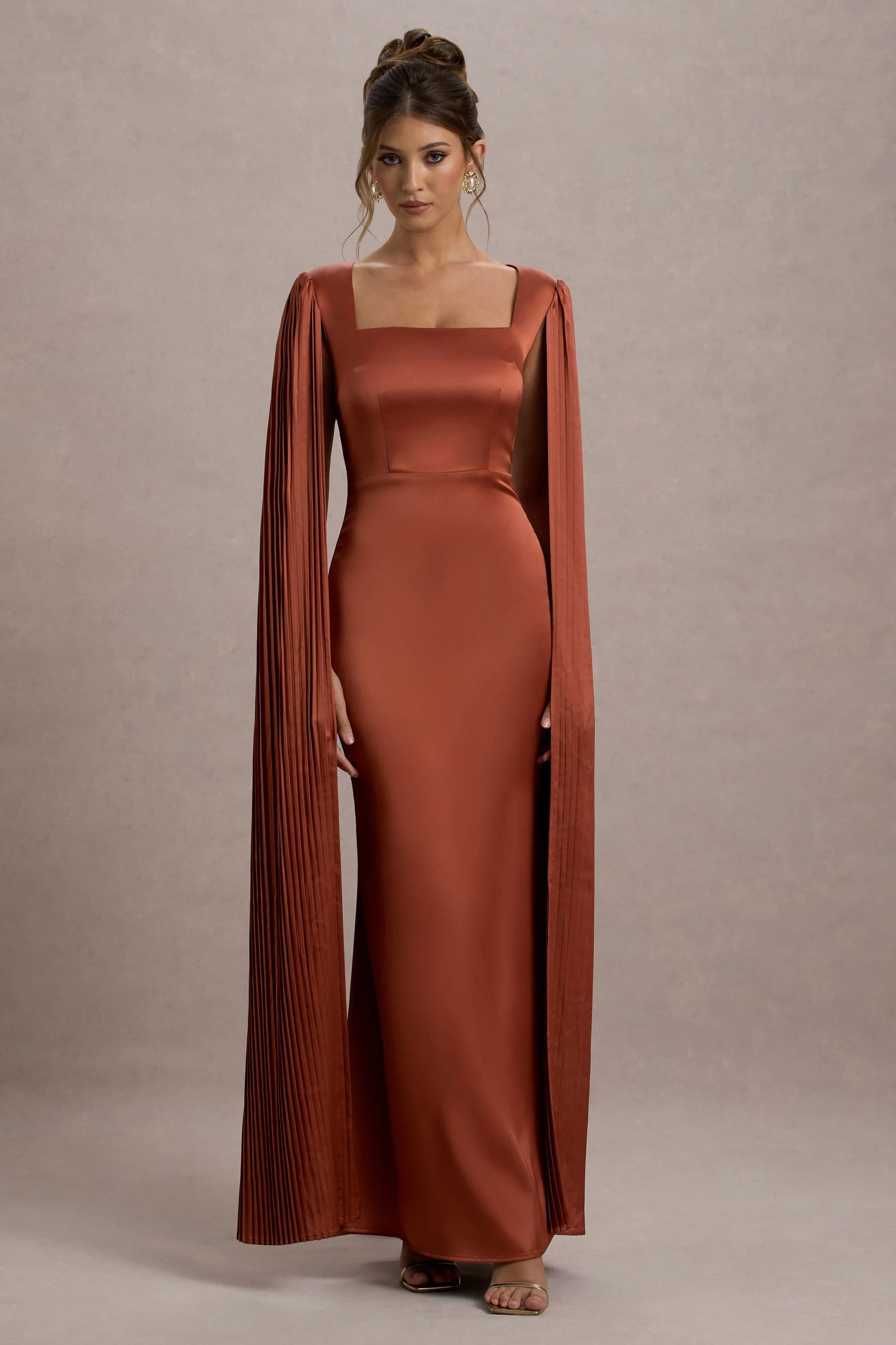 Saloma Rust Satin Square Neck Maxi Dress With Cape Sleeves
