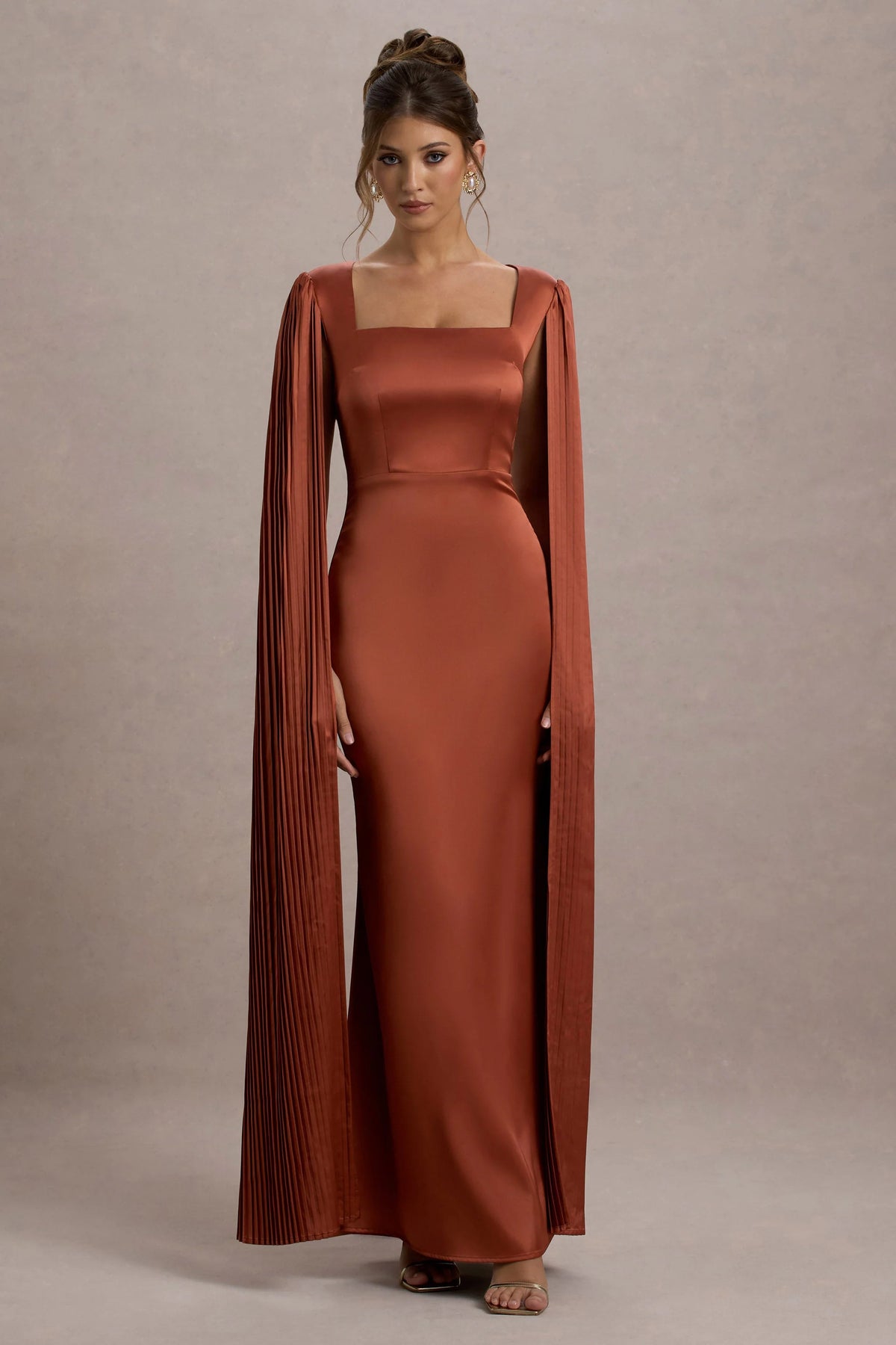Saloma Rust Satin Square Neck Maxi Dress With Cape Sleeves