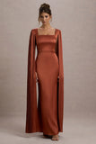 Saloma Rust Satin Square Neck Maxi Dress With Cape Sleeves