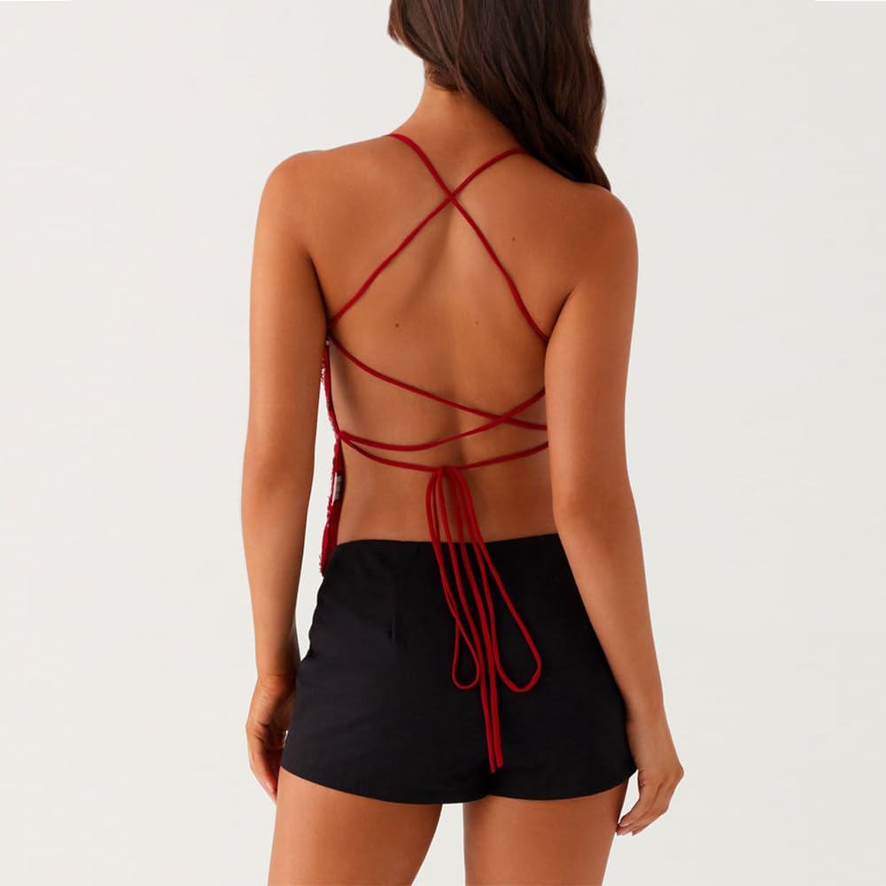 Women Sequin Beaded Cami Top V Neck Backless Criss Cross Straps Crop Tops Summer Going Out Clubwear