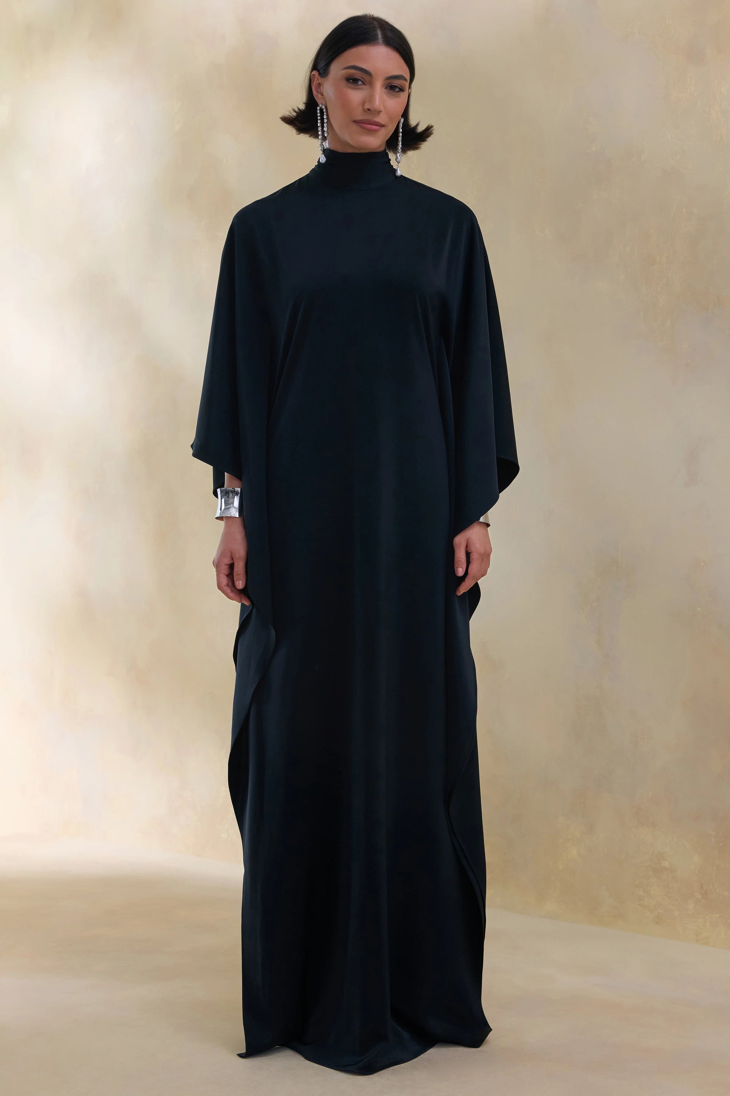 Lumisette Black Satin High Neck Maxi Dress With Cape