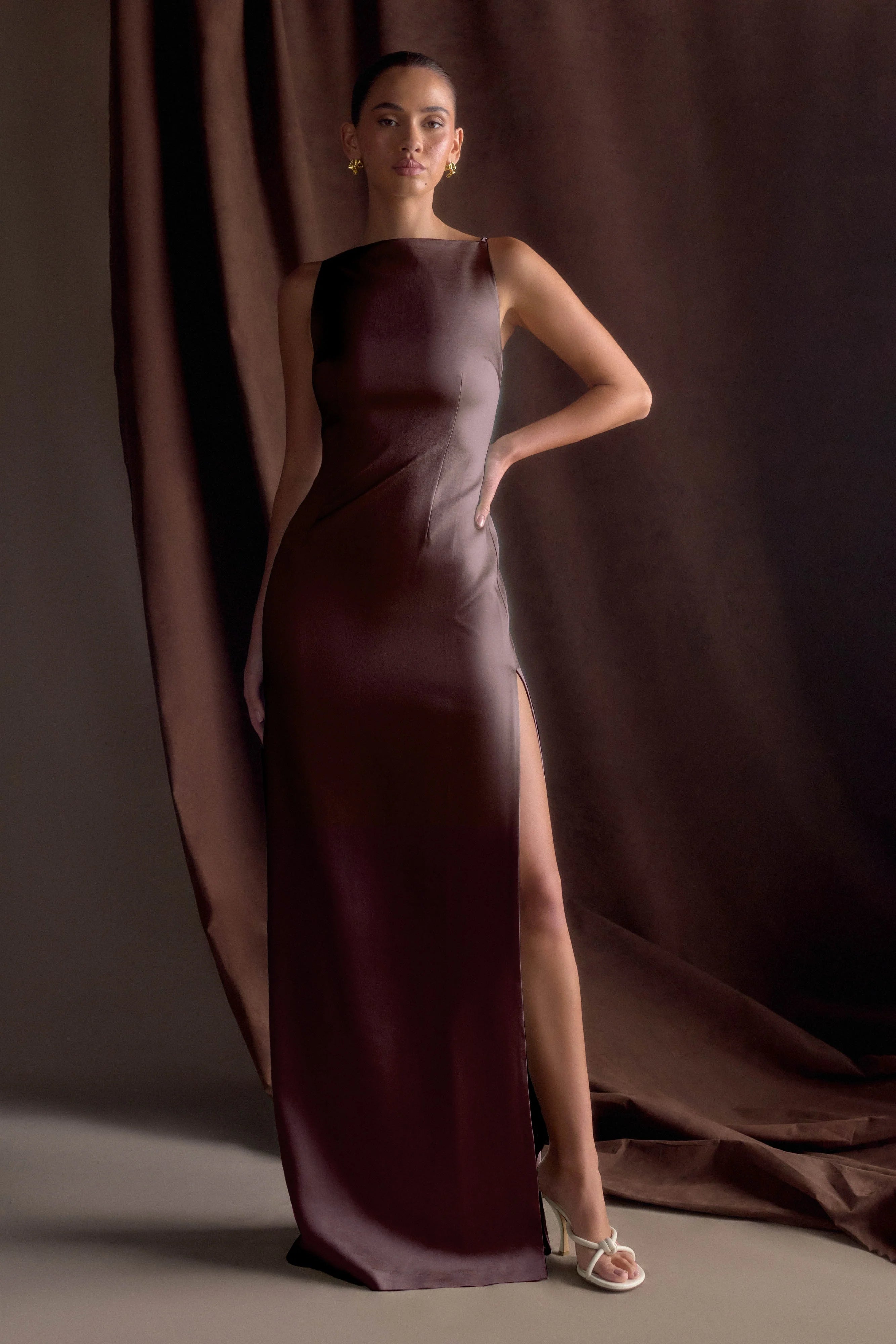 Violet Sleeveless Satin Maxi Dress Dark Chocolate
