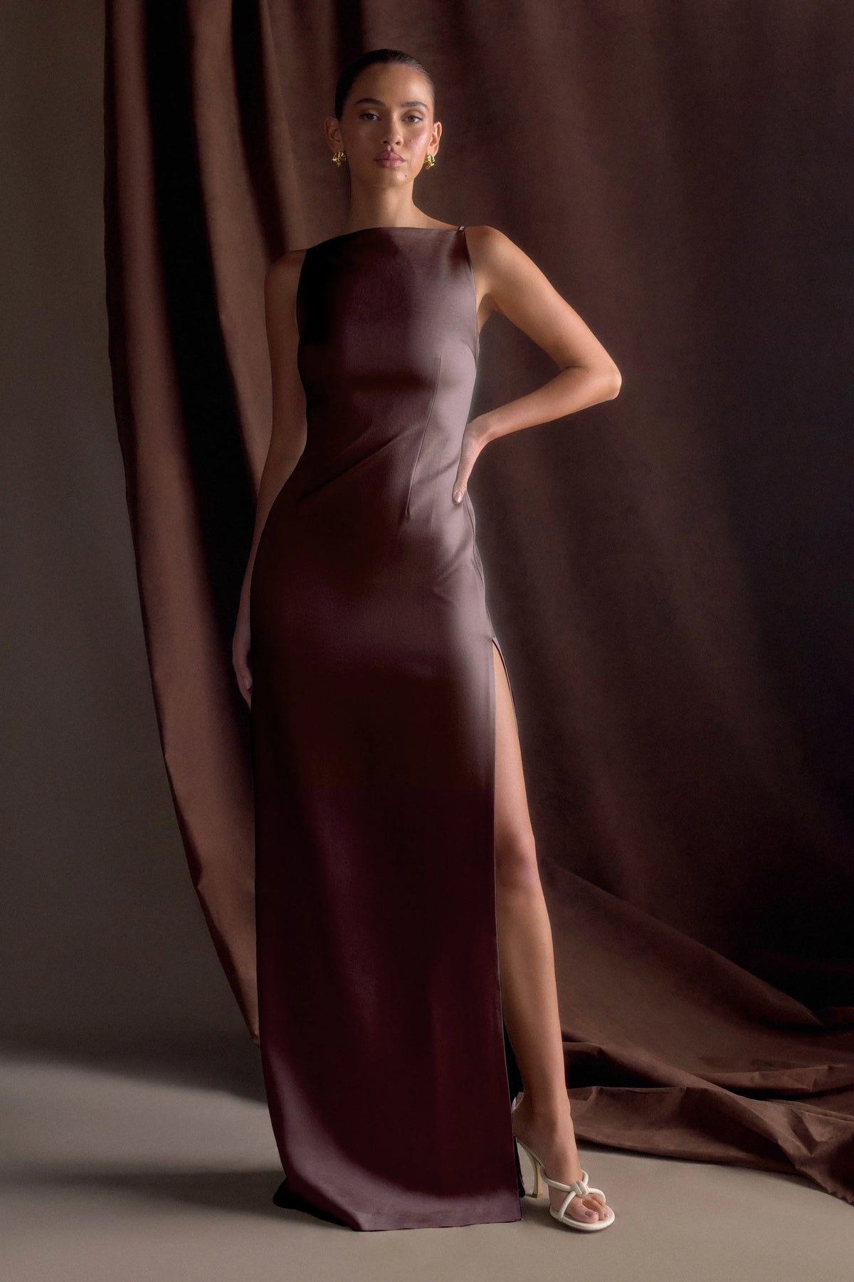 Violet Sleeveless Satin Maxi Dress Dark Chocolate
