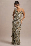 Wispy Snake Print Plunge Neck Ruffled Maxi Dress