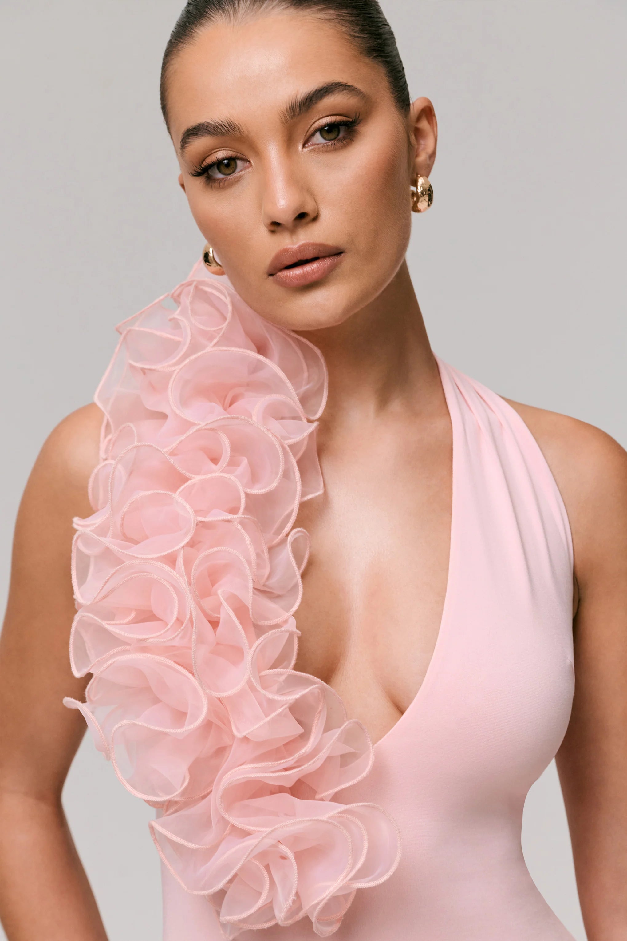 Harriet Pink Plunge Neck Maxi Dress With Floral Detail