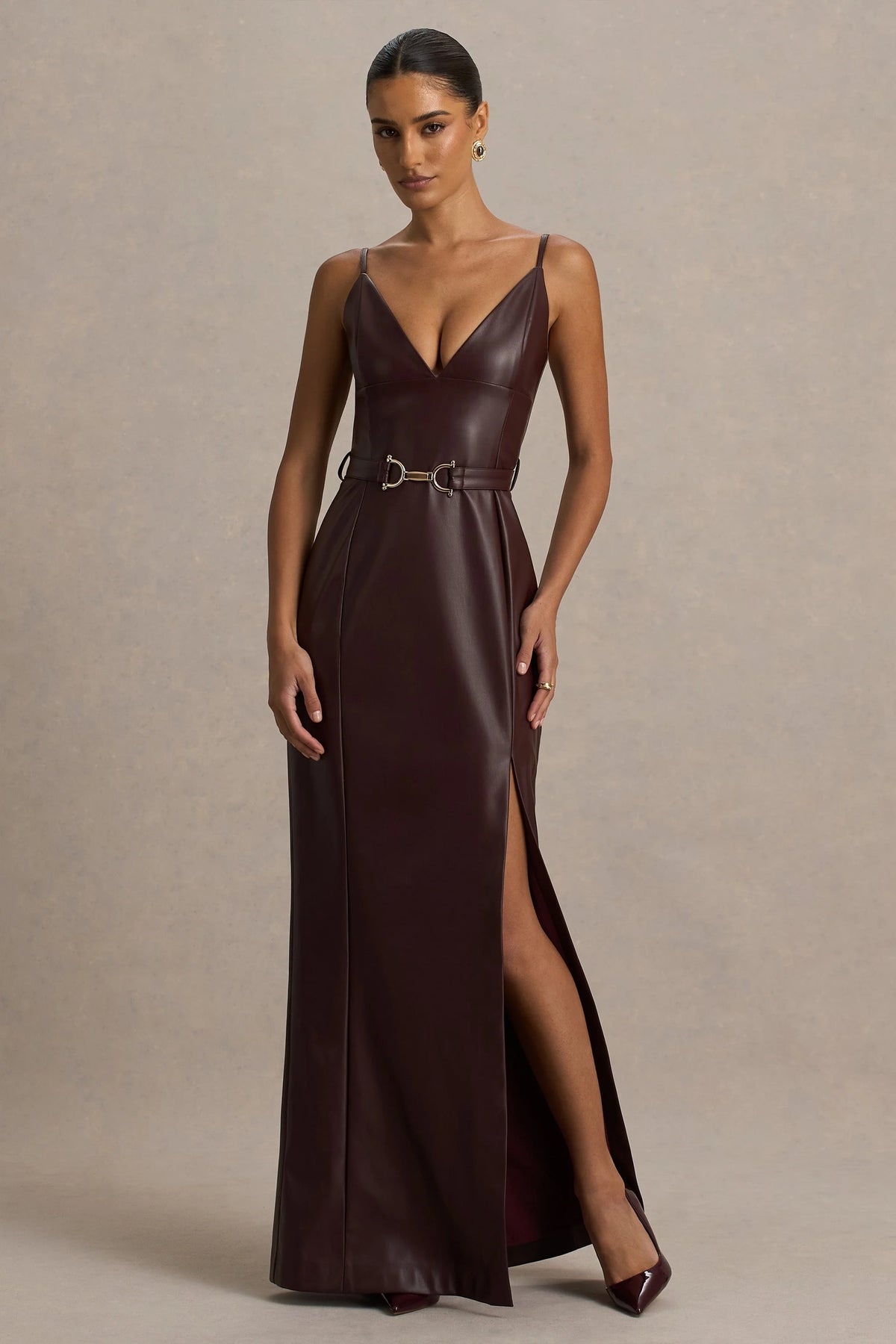 Lila Burgundy Faux Leather Plunge Neck Maxi Dress With Split
