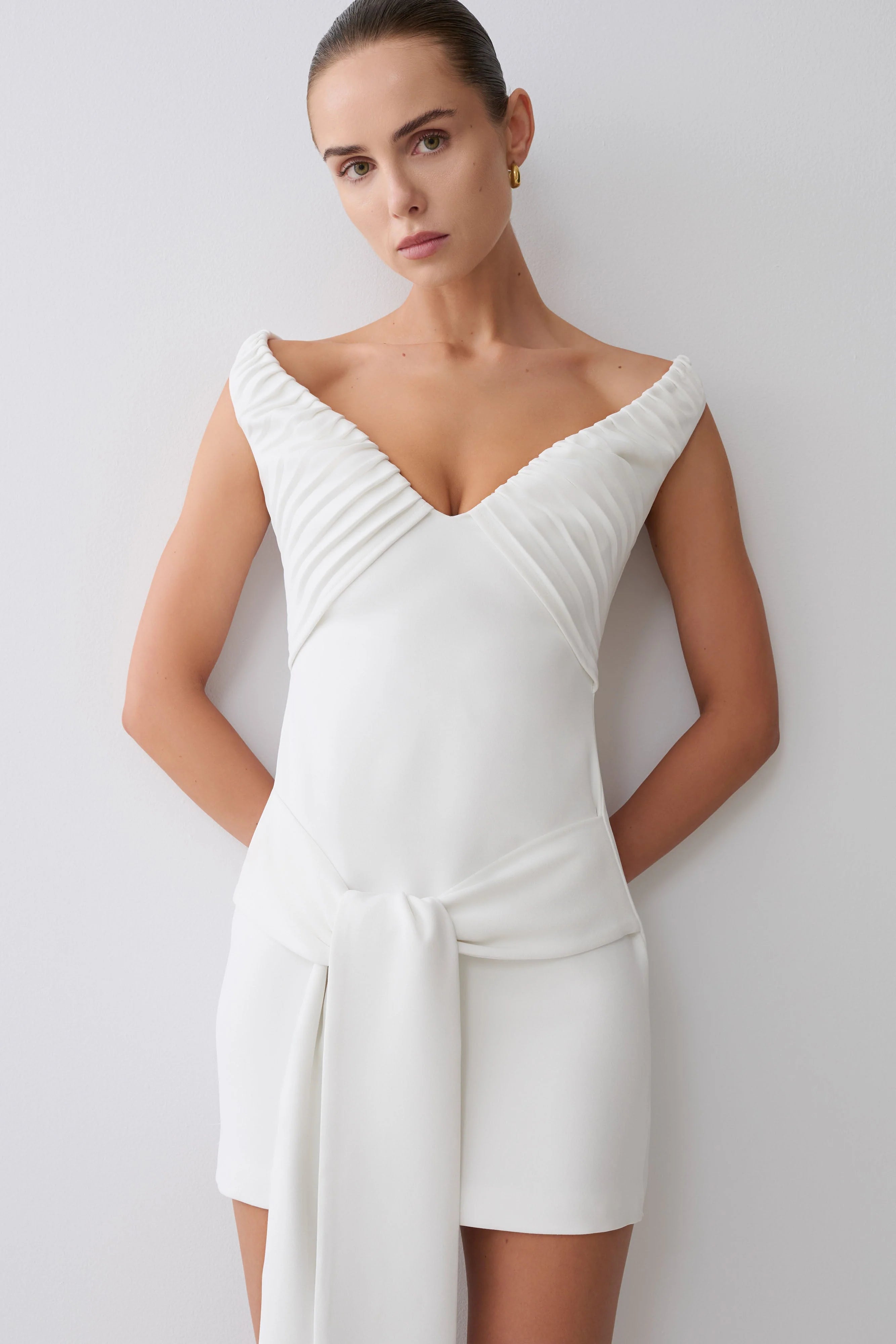 Runa Off Shoulder Mini Dress With Waist Tie White