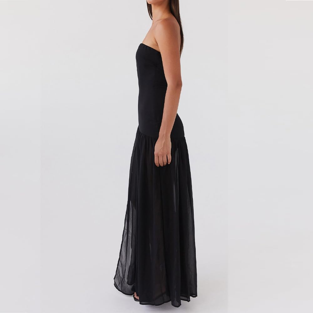 Women Tube Top Dress Tiger Stripe Mesh Patchwork Maxi Dress Strapless Sexy High Slit Long Dresses Beach Vacation