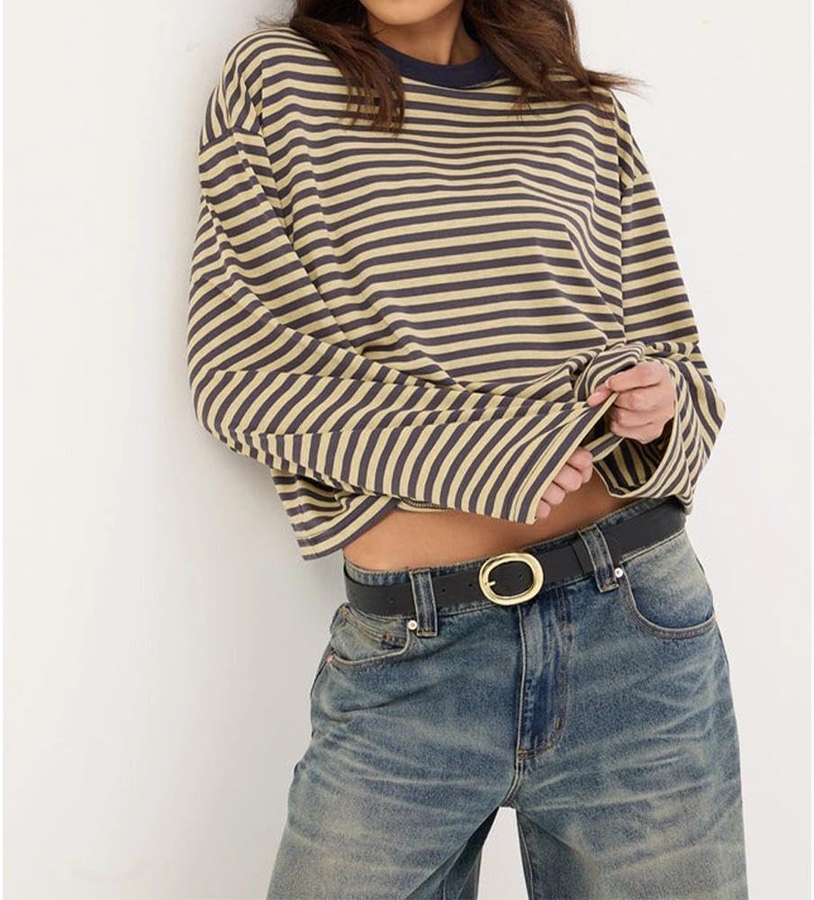 Women Striped Long Sleeve Shirt Crewneck Cropped Pullover Top Fall Winter Vintage Sweatshirt Streetwear