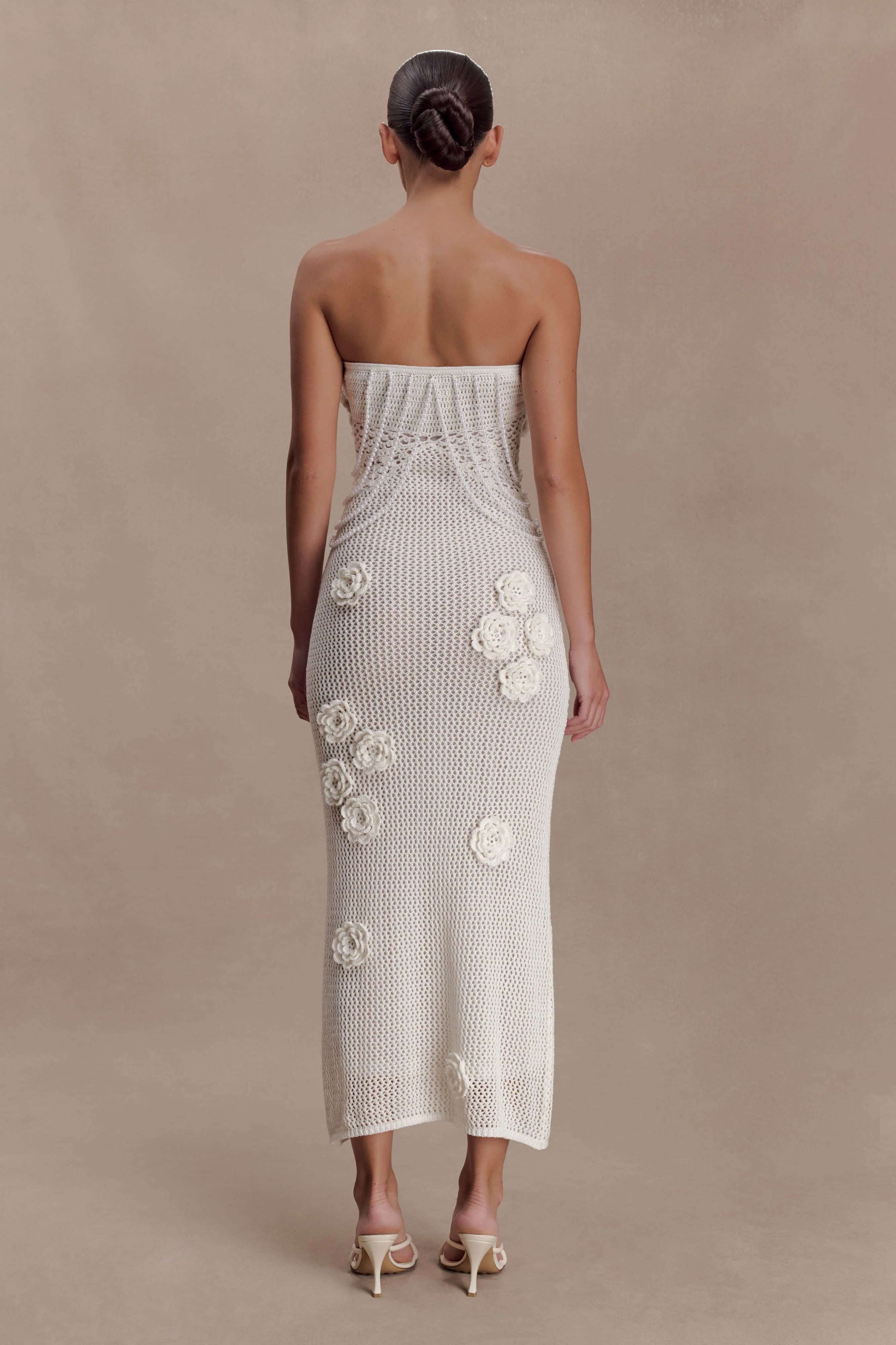 Samantha Crochet Midi Dress With Flowers Ivory