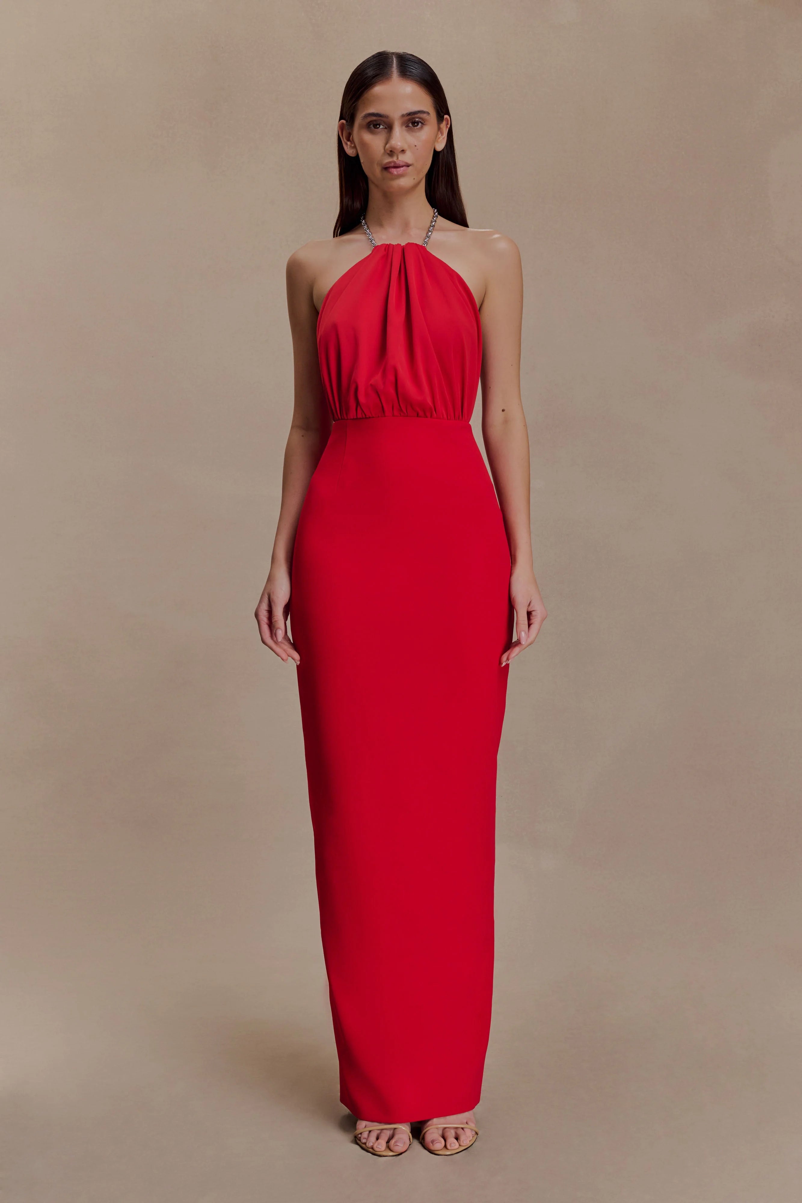 Elina Satin Necklace Maxi Dress Red