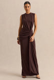 Blythia Brown Round Neck Maxi Dress With Gathered Detailing