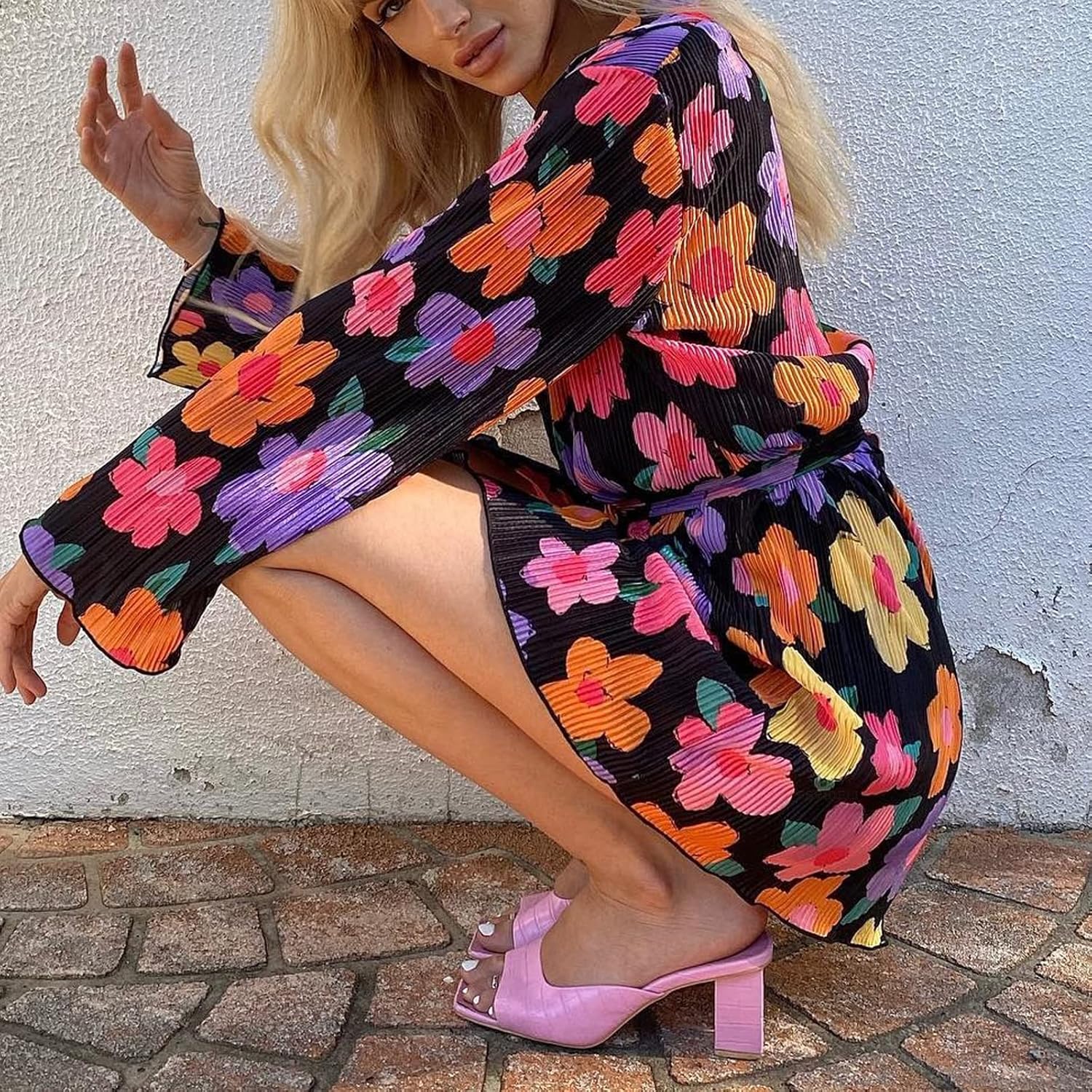 Women Shirt Dresses Long Sleeve Pleated Mini Dress Casual Button Down Tunic Tops with Belt Vintage Streetwear