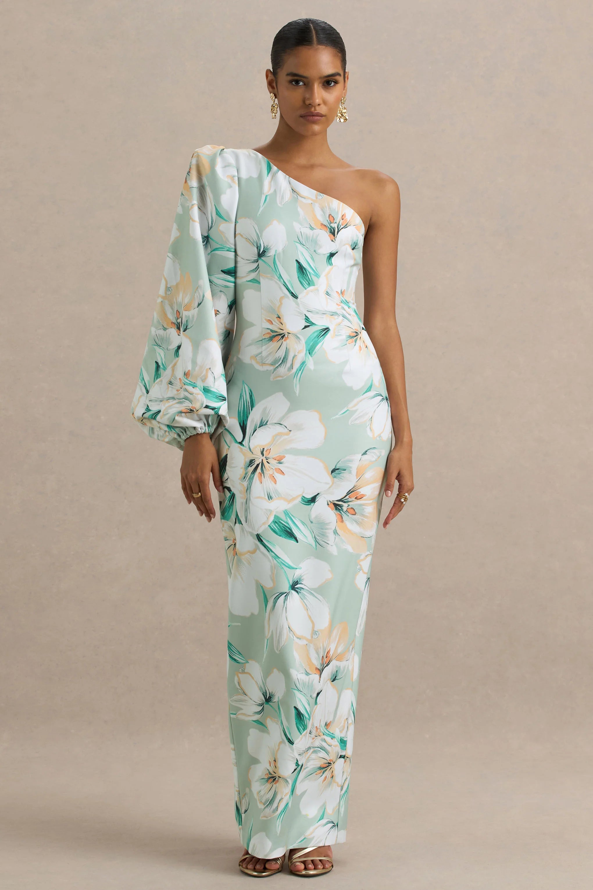 Kellis Green Floral Print Asymmetric Maxi Dress With Balloon Sleeve