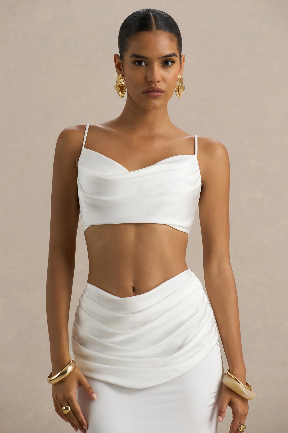 Una White Ruched Cowl Neck Crop Top