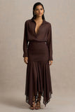 Kris Brown Plunge Neck Maxi Dress With Ruched Detailing