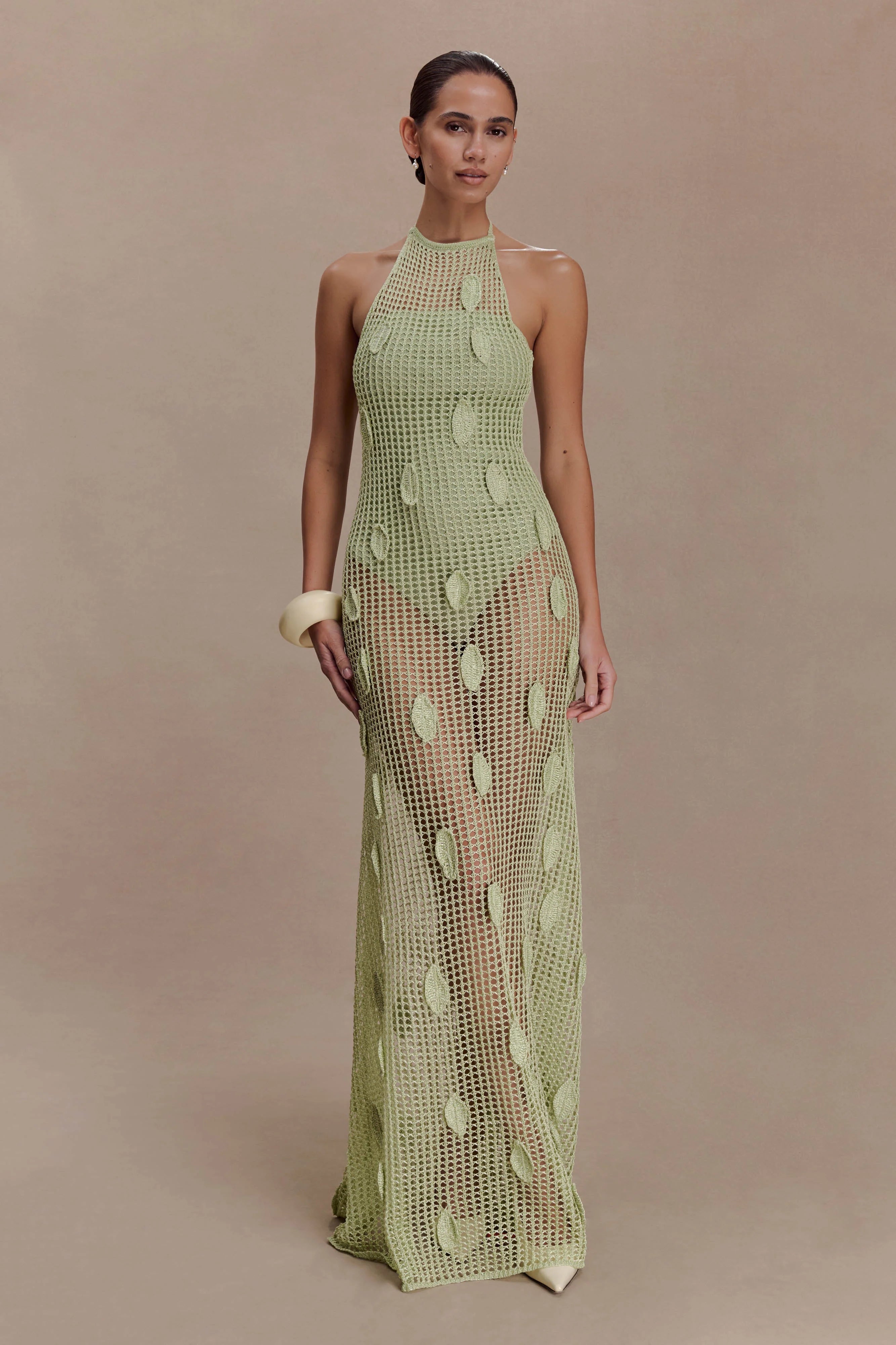 Elfie Crochet Halter Maxi Dress Pastel Green