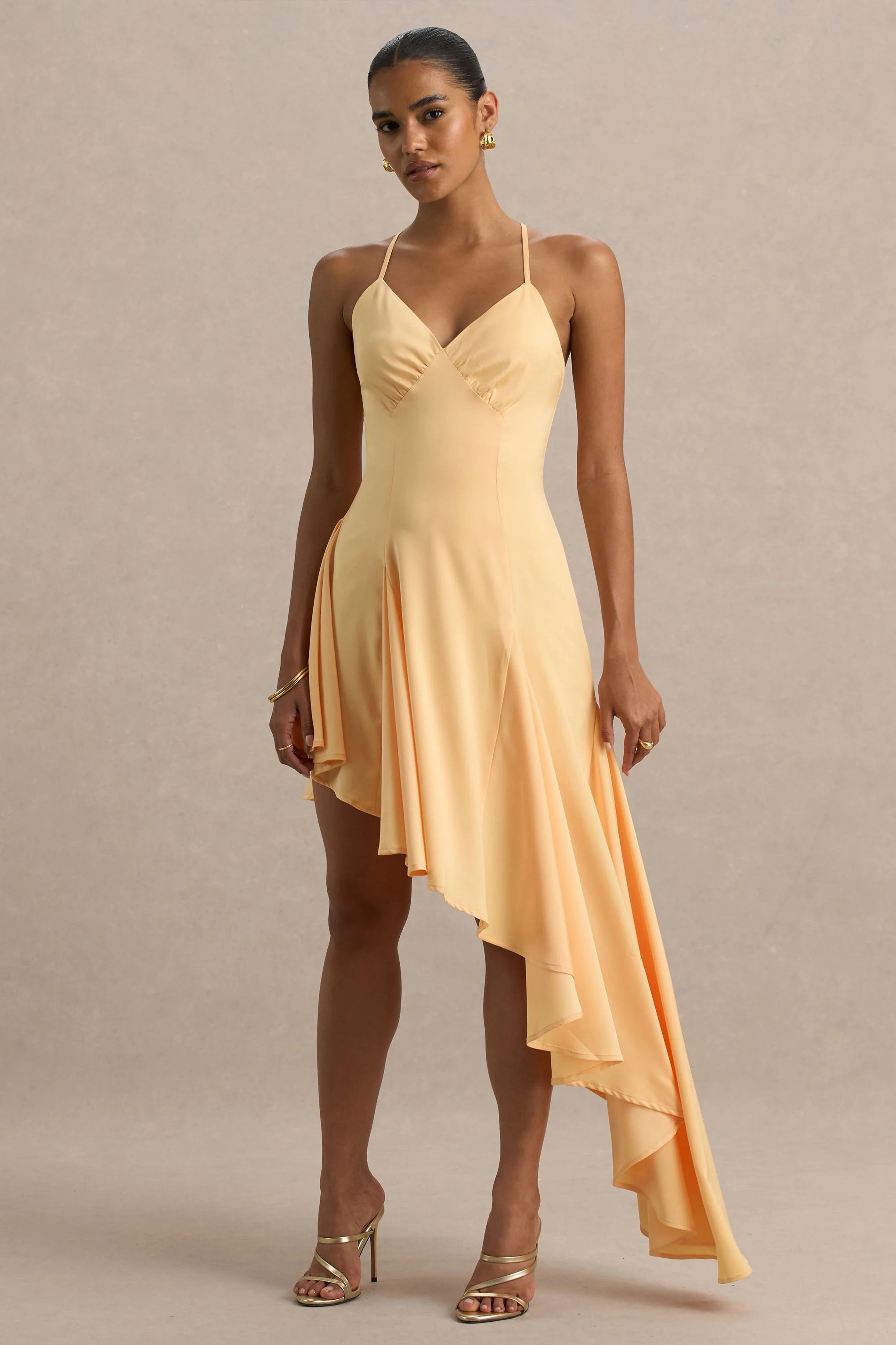 Glint Peach Satin Plunge Neck Maxi Dress With Asymmetric Hem