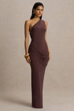 Elisa Brown Asymmetric Neck Maxi Dress With Open Back And Ruched Detailing