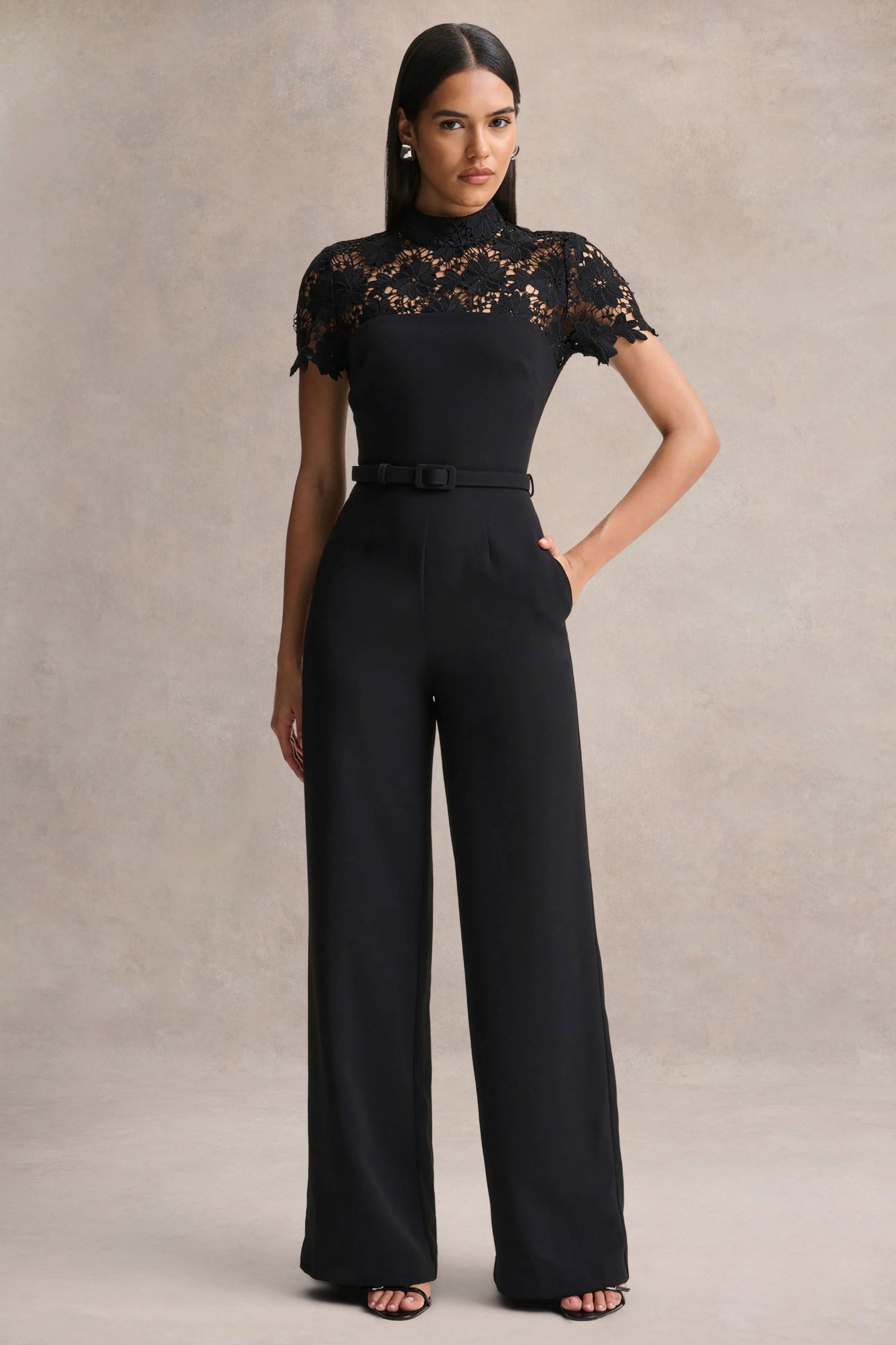 Orlina Black High Neck Jumpsuit With Lace Detailing