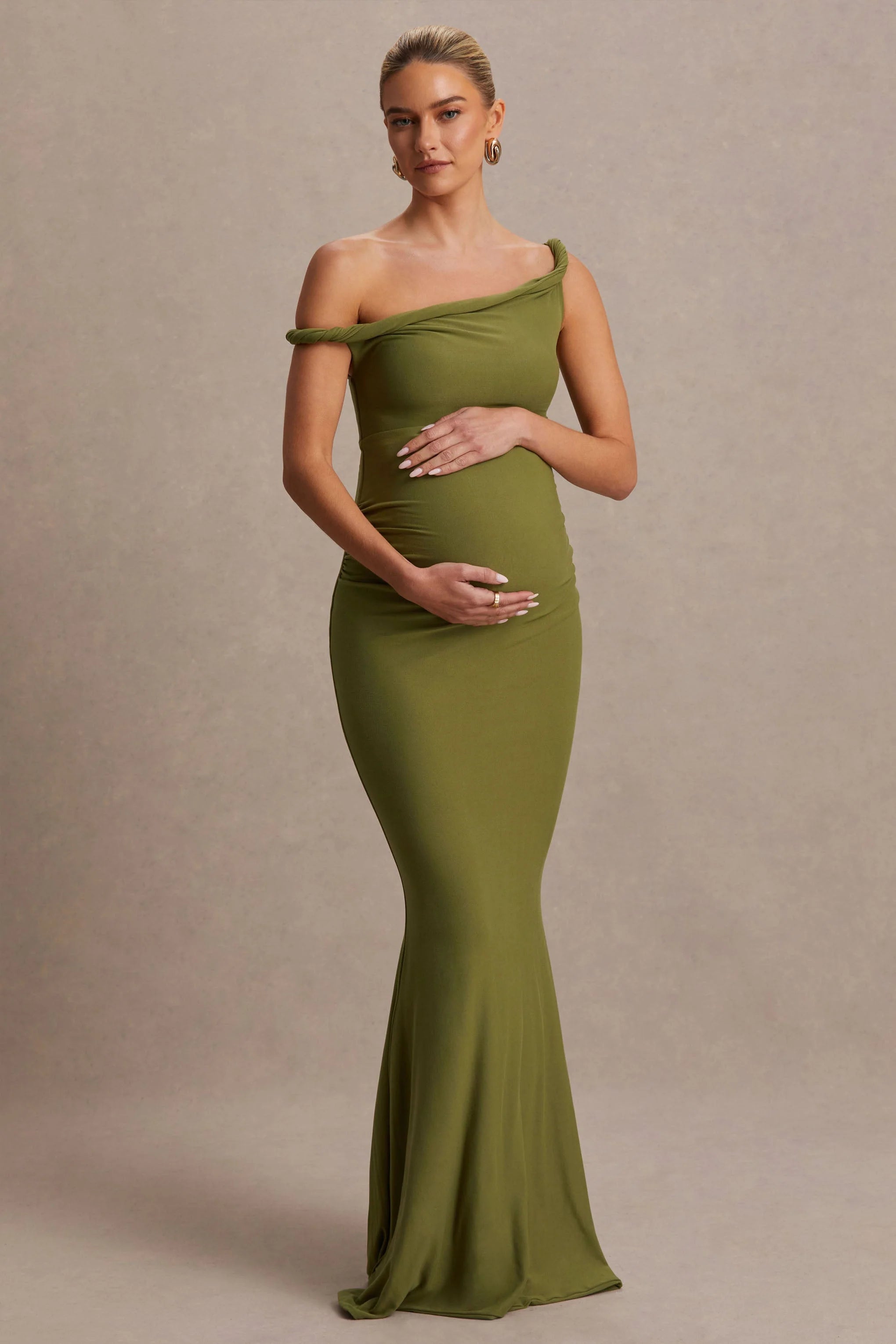 Lita Olive Twisted Asymmetric Maternity Maxi Dress