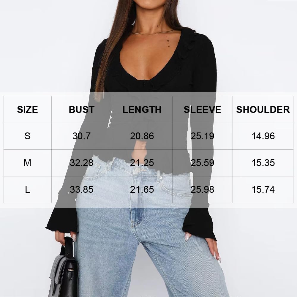 Women Going Out Tops Ruffle Trim Button Front V Neck Flared Sleeve Shirt Y2k Crop Top