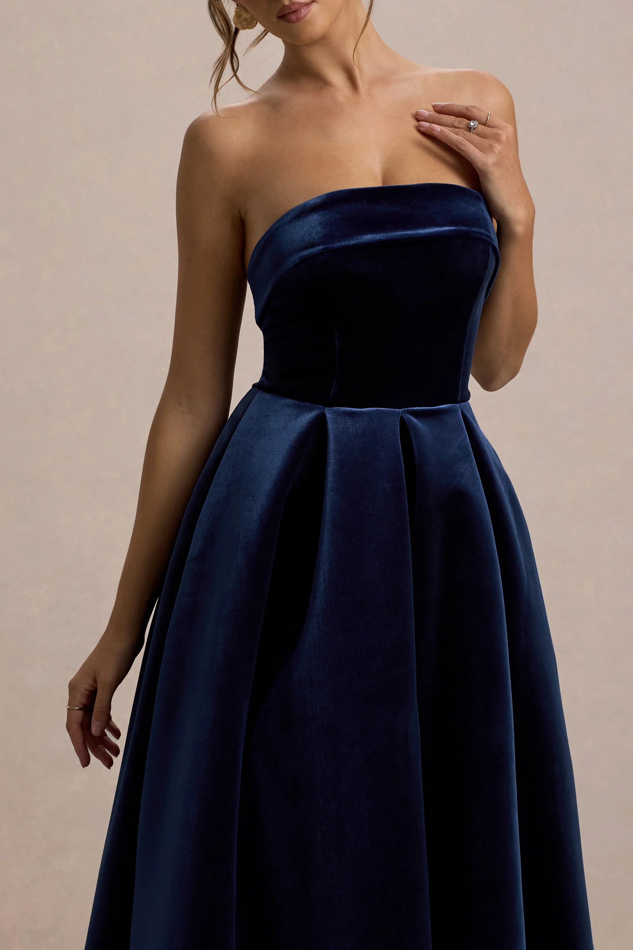 Addina Navy Velvet Bandeau Skater Midi Dress