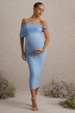 Jen Powder Blue Bardot Twisted Maternity Midi Dress