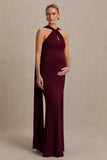 Lyra Burgundy Cross Halter Neck Maternity Maxi Dress With Cape