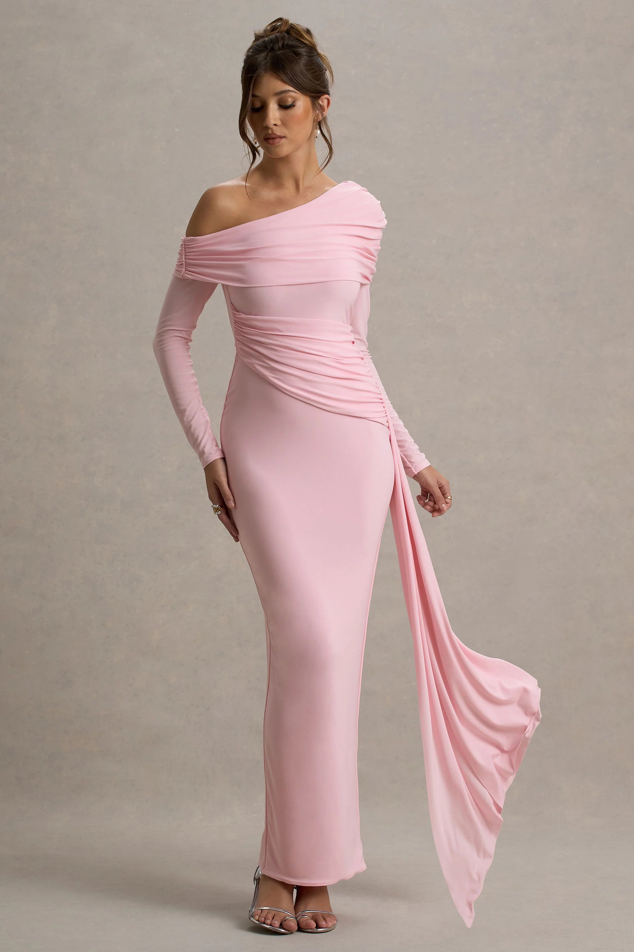 Valina Pink Ruched Asymmetric Maxi Dress With Drape