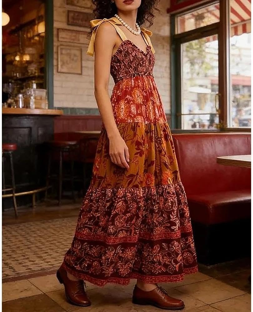 Women Floral Maxi Dress Tie Shoulder Patchwork Smocked Flowy Boho Dress with Pockets Summer Vacation Sundress