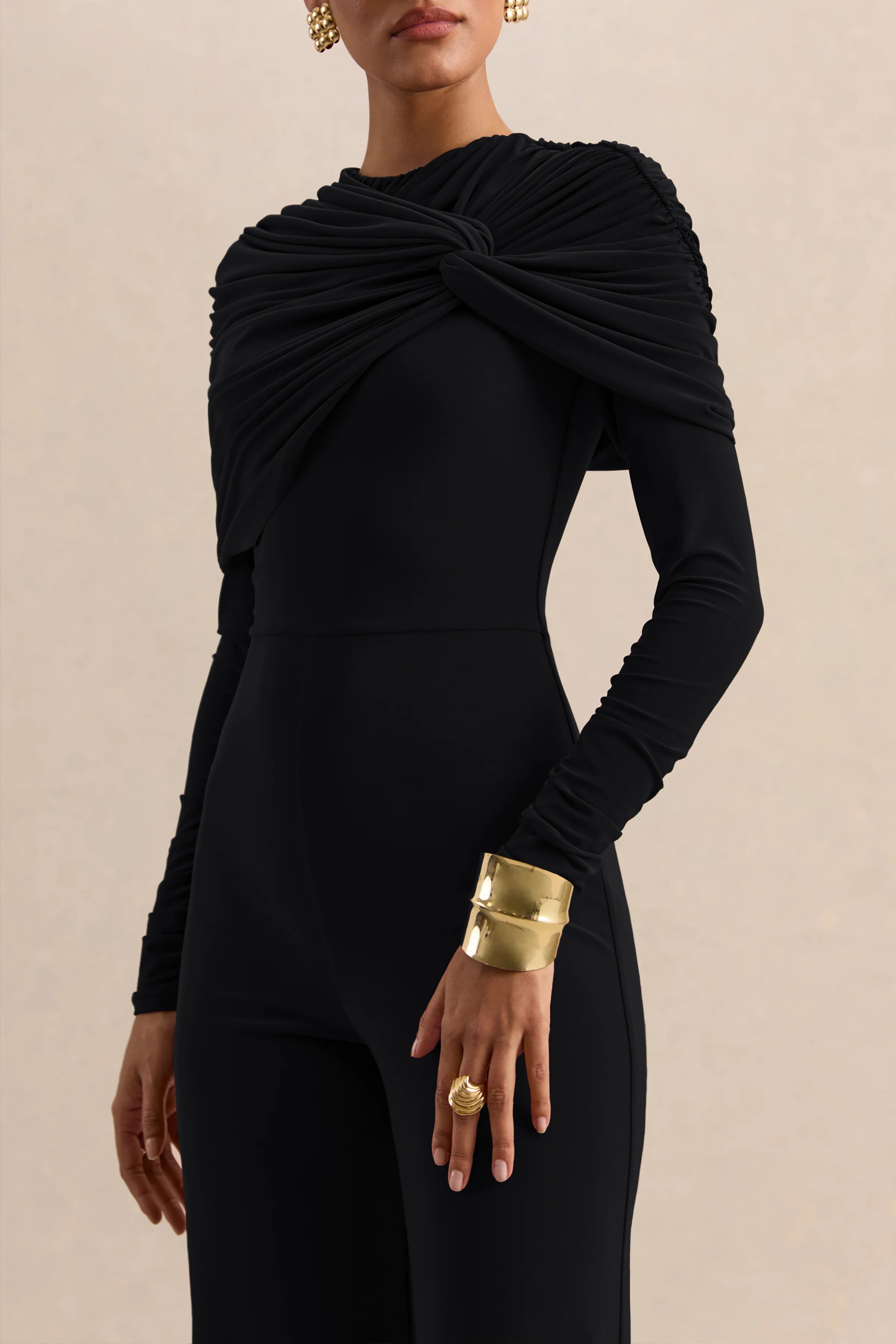 Eloura Black High Neck Jumpsuit With Twist Gathered Detail