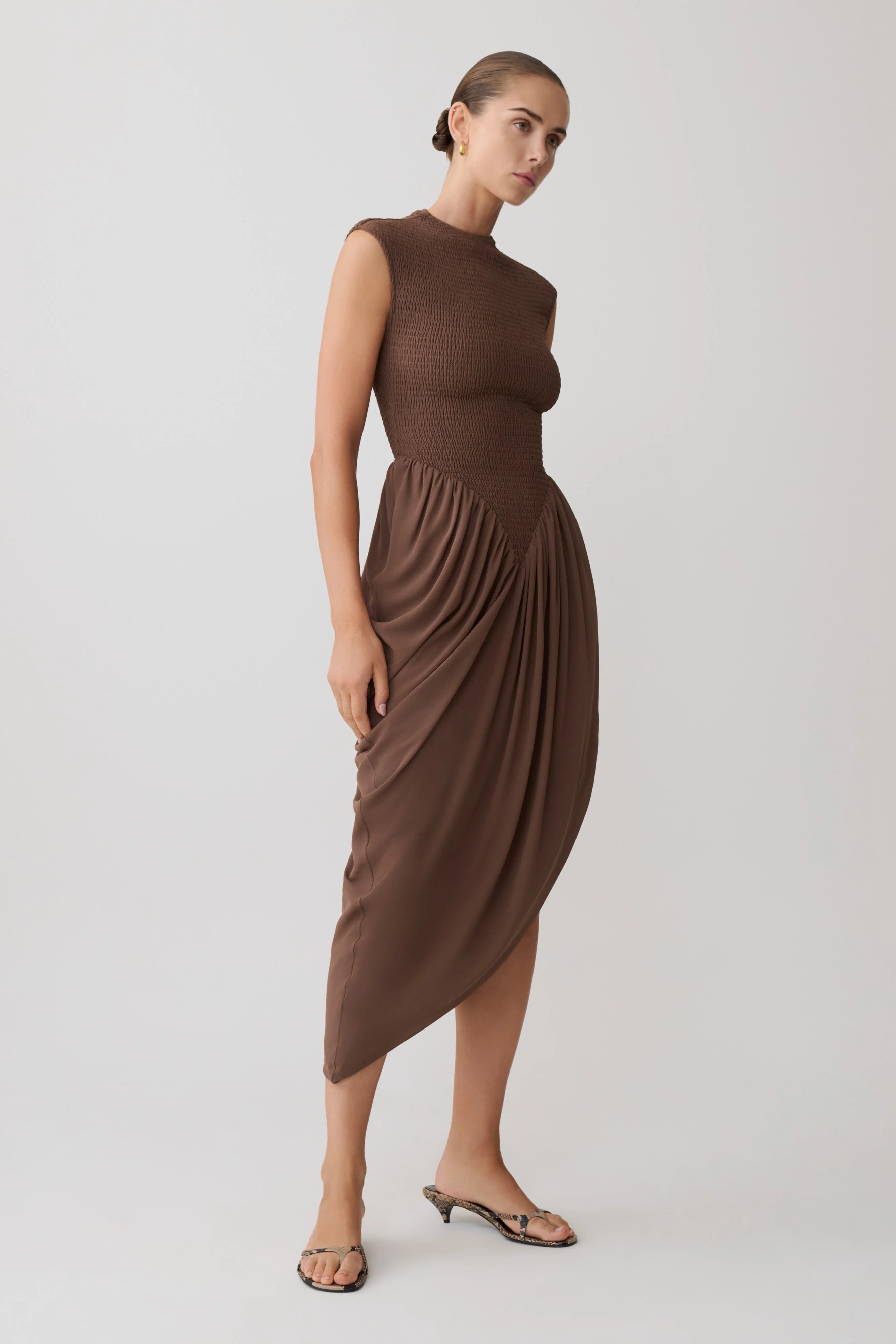 Nola Shirred Asymmetric Midi Dress Mocha