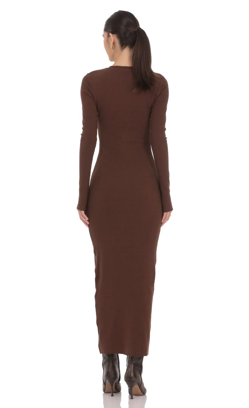 Button Down Ribbed Maxi Dress in Brown