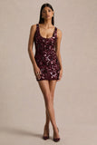 Moonshine Burgundy Floral Sequin Embellished Square Neck Mini Dress